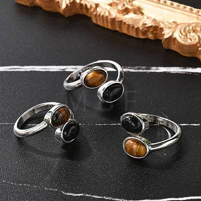 Natural Black Agate & Tiger Eye Finger Rings RJEW-A068-02P-03-1