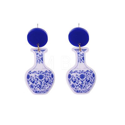 Acrylic Blue and White Porcelain Printed Dangle Stud Earrings FS-WG917E7-05-1