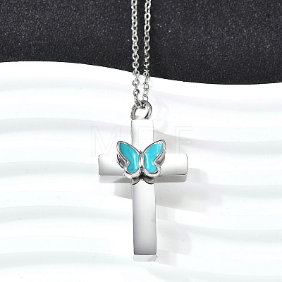 304 Stainless Steel Enamel Butterfly Cross Pendant Urn Ashes Necklaces NJEW-K393-03P-1