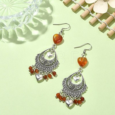 Dyed Natural Red Agate Heart Chandelier Earrings EJEW-JE05364-04-1
