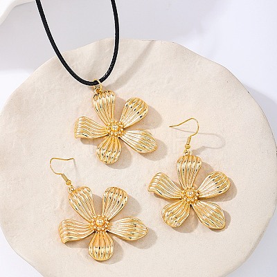 Flower Alloy Dangle Earrings & Wax Cord Pendant Necklaces Sets for Women FS-WG32CFB-01-1