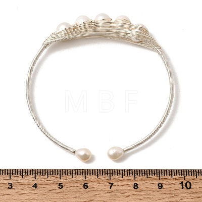 Brass Wire Wrapped Natural Pearl Open Cuff Bangles for Women BJEW-D453-03S-1