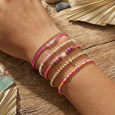 5Pcs Adjustable Nylon Round Gemstone Bead Braided Bracelet Sets NO9066-3-1