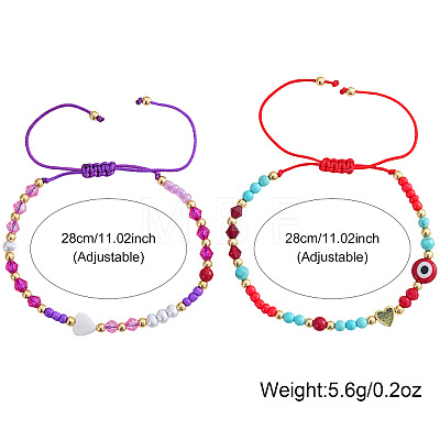 2Pcs 2 Styles Round Glass & Lampwork & Imitation Pearl & Synthetic Turquoise & Natural Shell & Seed Beads Braided Bead Bracelets VE0130-3-1