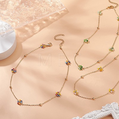 Glass Beaded Flower Link Chain Necklace NJEW-JN04317-1