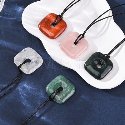 Natural Mixed Gemstone Square Pendants Black PU Leather Cord Necklaces NJEW-K285-01-1