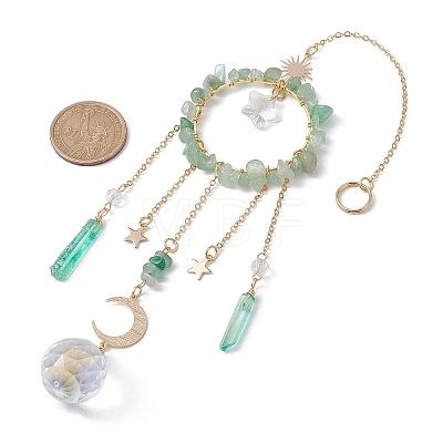 Natural Green Aventurine Chip Pendant Decorations with Brass Moon & Cable Chain & Electroplated Quartz Crystal Tassel HJEW-JM01650-01-1