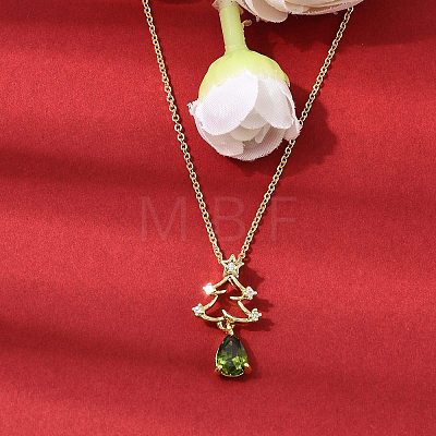 Christmas Tree Brass Micro Pave Cubic Zirconia Pendants Necklaces NJEW-L468-01G-B01-1