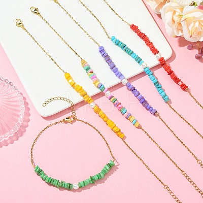 Natural Dyed Freshwater Shell Nuggets Beaded 304 Stainless Steel Cable Chain Anklets for Women AJEW-AN00827-1