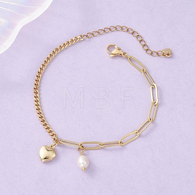 Heart Brass & Natural Cultured Freshwater Pearl Charms Bracelets BJEW-JB12923-1