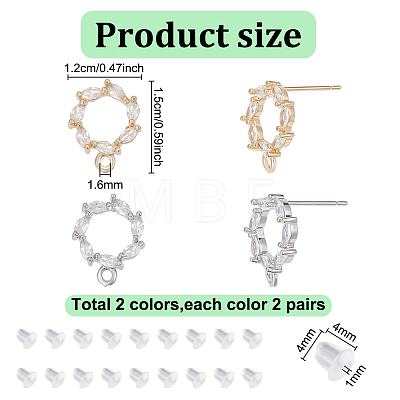 GOMAKERER 8Pcs 2 Colors Donut Shape Brass Cubic Zirconia Stud Earring Findings AJEW-GO0001-47-1