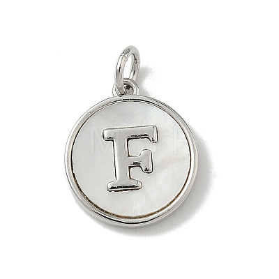 Brass Pave Natural Shell Flat Round with Letter Charms KK-Z115-13P-F-1