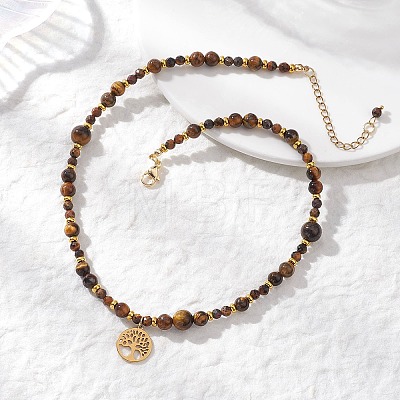 Tree of Life 304 Stainless Steel Pendant Natural Tiger Eye Round Beaded Necklaces NJEW-JN05712-1