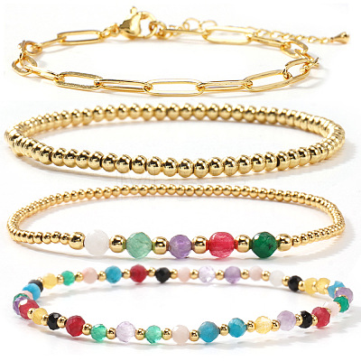 4Pcs 4 Styles 304 Paperclip Chain Bracelets & Brass Round Beads Stretch Bracelets & Natural Mixed Gemstone Round Beads Stretch Bracelets Set for Women AS2287-1-1