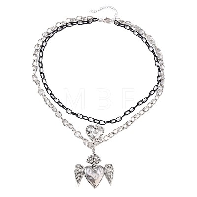 Duo Tone Alloy Heart with Angel Wings Pendant Double Layer Necklaces for Women WGB1CA0-01-1