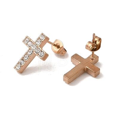 Ion Plating(IP) 304 Stainless Steel Cross Stud Earrings EJEW-C099-10RG-1