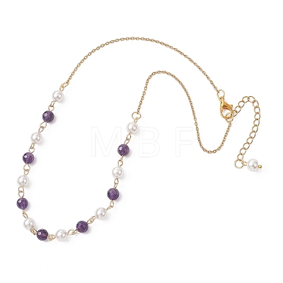 Shell Pearl and Natural Amethyst Round Beads Link Chain Necklaces for Women NJEW-JN05635-1