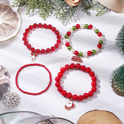 4Pcs 4 Styles Merry Christmas Deer & Santa Claus Alloy Enamel Charm Bracelet Sets BJEW-JB10904-1