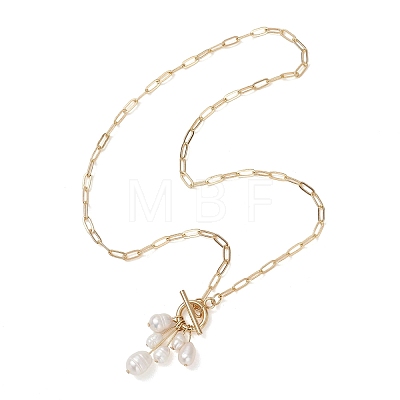 Natural Pearl Rice Beads Tassel Pendant OT Necklaces with Brass Paperclip Chains NJEW-JN05941-1