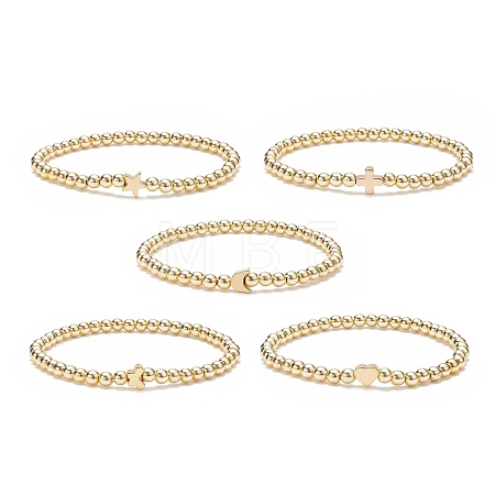 5Pcs 5 Style Star & Cross & Moon & Heart & Butterfly Brass & Synthetic Hematite Beaded Stretch Bracelets Set for Women BJEW-JB09090-1