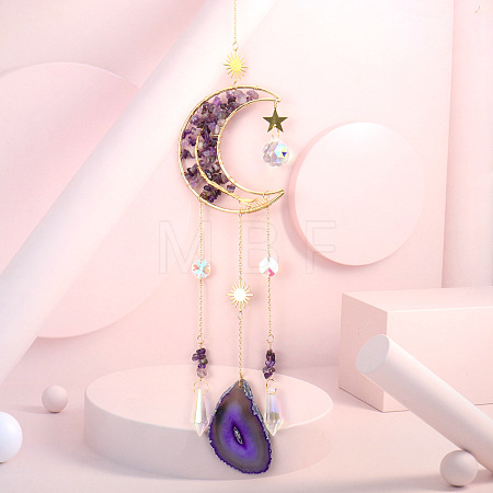 Wire Wrapped Natural Amethyst Moon with Tree of Life Pendant Decorations HJEW-K046-07G-06-1