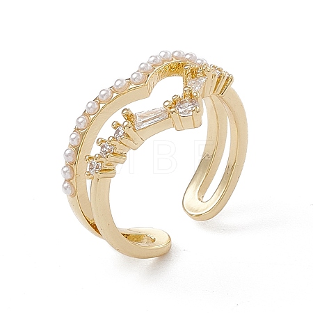 Clear Cubic Zirconia Crown Open Cuff Ring with Plastic Pearl Beaded RJEW-G276-13G-1