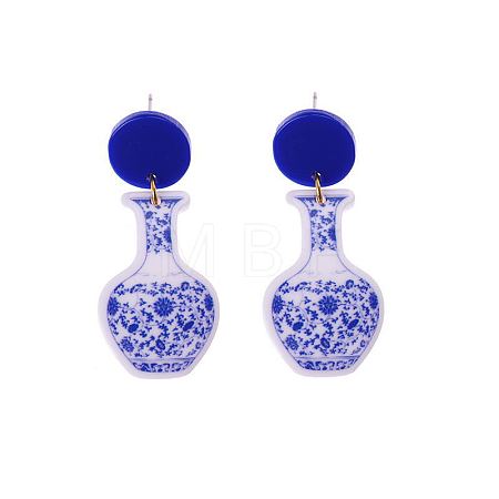 Acrylic Blue and White Porcelain Printed Dangle Stud Earrings FS-WG917E7-05-1