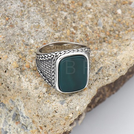 304 Stainless Steel with Natural Green Onyx Agate Finger Rings FS-WG67565-12-1