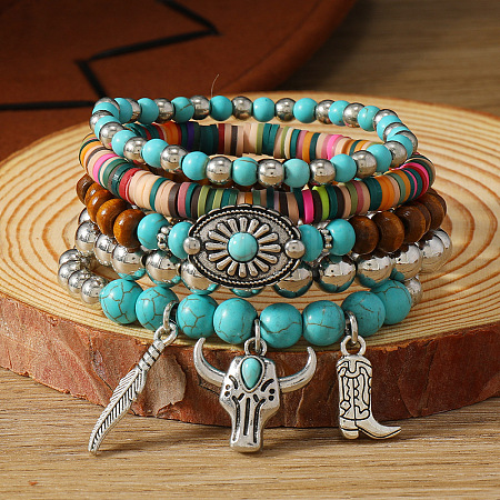 5Pcs Synthetic Turquoise & CCB & Wood & Polymer Clay Beaded Stretch Bracelets FS-WGC8DBE-12-1