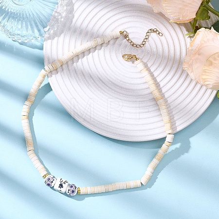 Handmade Printed Porcelain Round Cube & Dyed Synthetic Turquoise Beaded Necklaces NJEW-JN05644-1