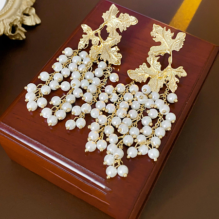 Alloy Plastic Pearl Bead Leaf Dangle Stud Earrings FS-WGB9C0C-01-1