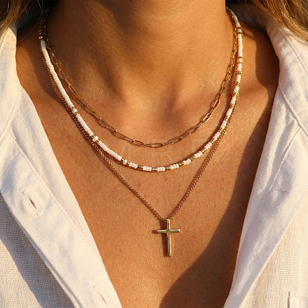 304 Stainless Steel Religion Cross Pendant Glass Seed Beaded 3 Layer Necklaces for Women WI3210-1