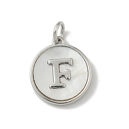 Brass Pave Natural Shell Flat Round with Letter Charms KK-Z115-13P-F-1