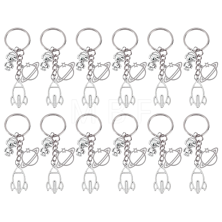 12Pcs Alloy & 304 Stainless Steel Robot & Rocket & Planet Keychains KEYC-FH00100-1