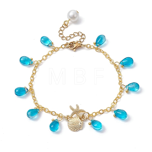 Alloy Starfish Scallop Shell Shape with Glass Teardrop Charm Bracelets BJEW-JB09983-01-1