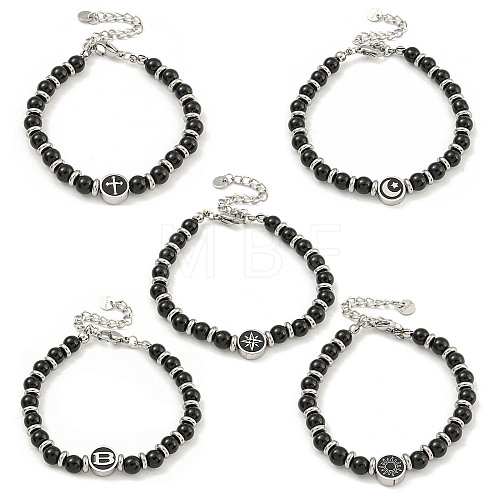 304 Stainless Steel & Glass Round Beaded Bracelets for Women BJEW-G717-11-1