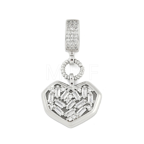 Brass Clear Cubic Zirconia Heart European Dangle Charms KK-Z090-04P-1