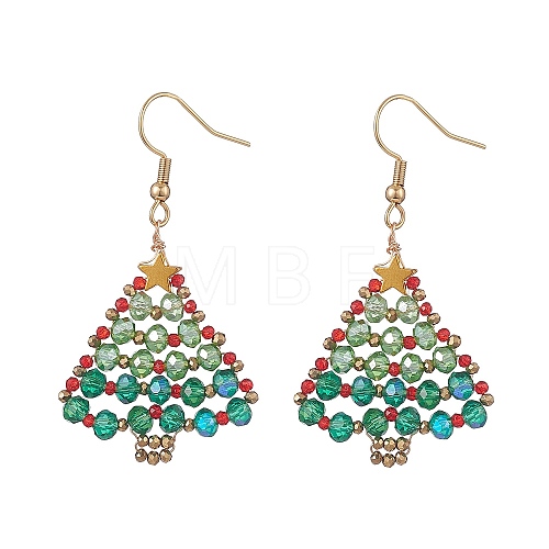 Glass Christmas Tree Dangle Earrings EJEW-JE05260-1
