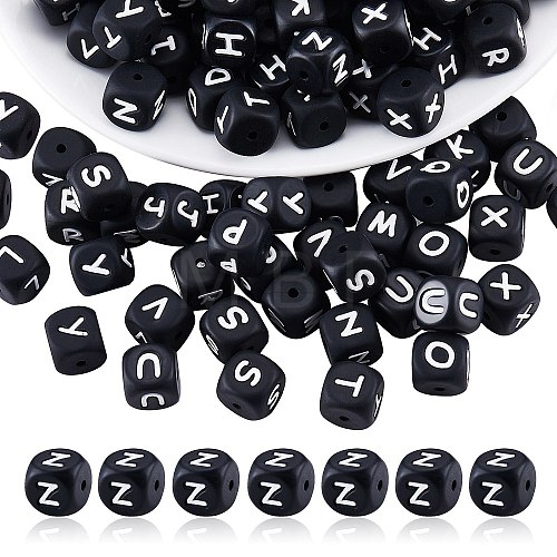 20Pcs Black Cube Letter Silicone Beads 12x12x12mm Square Dice Alphabet Beads with 2mm Hole Spacer Loose Letter Beads for Bracelet Necklace Jewelry Making JX433Z-1