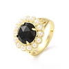 Natural Mixed Gemstone Flower Adjustable Ring with Plastic Pearl Beaded RJEW-E075-02G-5