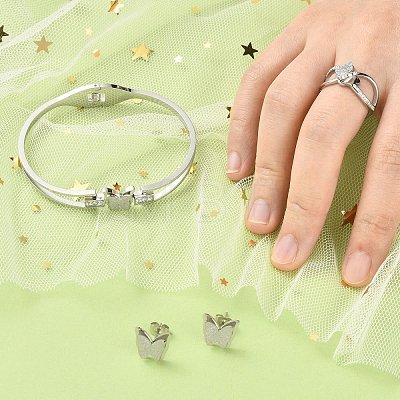 304 Stainless Steel Butterfly Stud Earrings & Finger Ring & Bangle SJEW-TZ0001-01-1