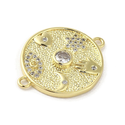 Rack Plating Brass Pave Clear Cubic Zirconia Flat Round Connector Charms KK-C052-43G-1