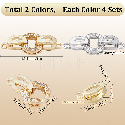 SUNNYCLUE 8Pcs 2 Colors Brass Micro Pave Clear Cubic Zirconia Fold Over Clasps KK-SC0004-07-1