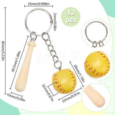 12Pcs Mini Baseball PU Leather Pendant Keychain with Wood Baseball Bat DIY-SP0001-51B-1
