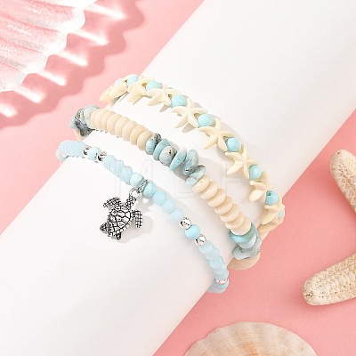 3Pcs 3 Styles Dyed Natural Howlite & Petrified Wood & Larimar & Synthetic Turquoise Stretch Bead Bracelet Sets BJEW-JB14430-1