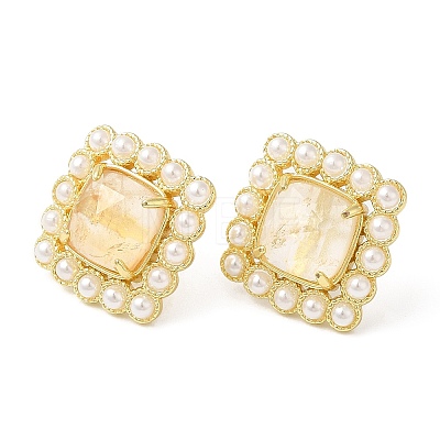 Natural Citrine Square Stud Earrings with Plastic Pearl Beaded EJEW-E599-03G-03-1