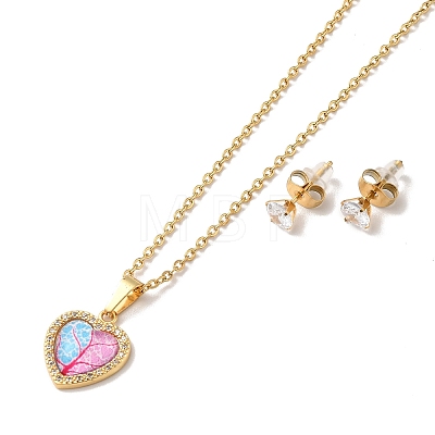 Clear Cubic Zirconia Heart with Acrylic Tree Pendant Necklace & Diamond Stud Earrings SJEW-M099-03G-1