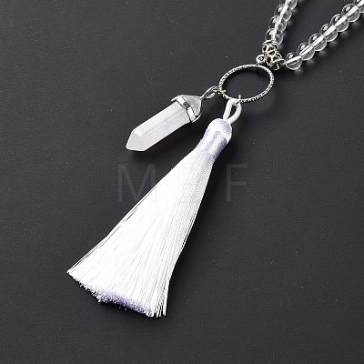 Natural Quartz Crystal Bullet & Tassel Pendant Necklace with Mixed Gemstone Beaded Chains NJEW-E585-02G-1