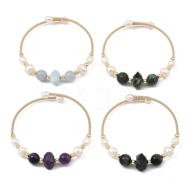 Round & Nuggets Natural & Synthetic Gemstone & Cultured Freshwater Pearl Beaded Bangles BJEW-JB14091-1