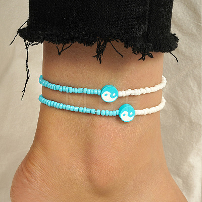 2Pcs Yin-yang Polymer Clay Glass Seed Beaded Stretch Anklet Sets for Women FS-WG3863F-04-1